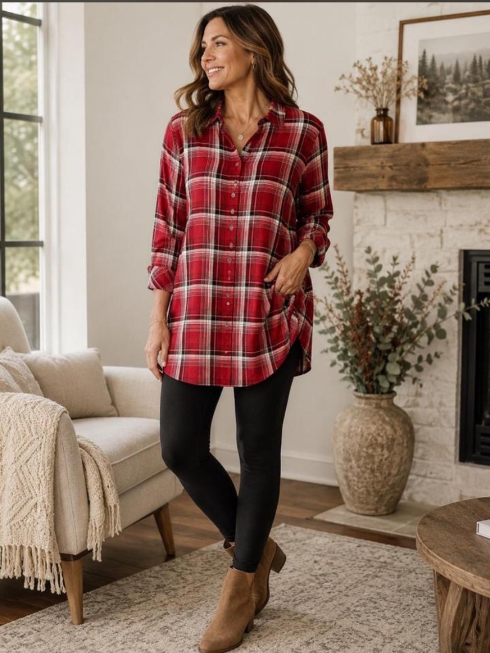 J. Jill Red Plaid Mixed Media Button Front Long Sleeve Tunic Shirt Size S Fall